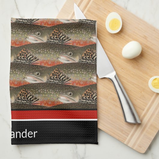 Fisherman Brook Trout Fish Design Schwarz-weiß Rus Geschirrtuch (Viertel Falte)