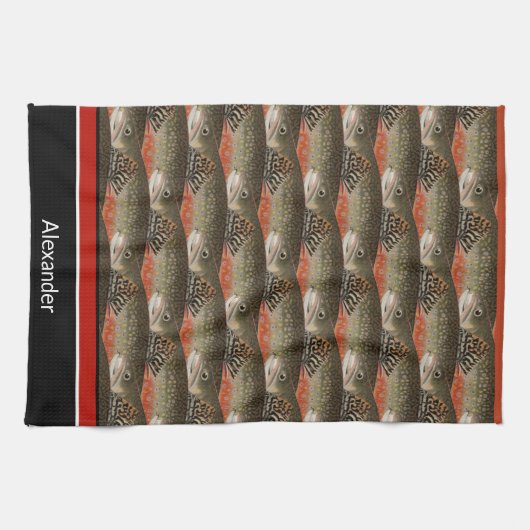 Fisherman Brook Trout Fish Design Schwarz-weiß Rus Geschirrtuch (Horizontal)