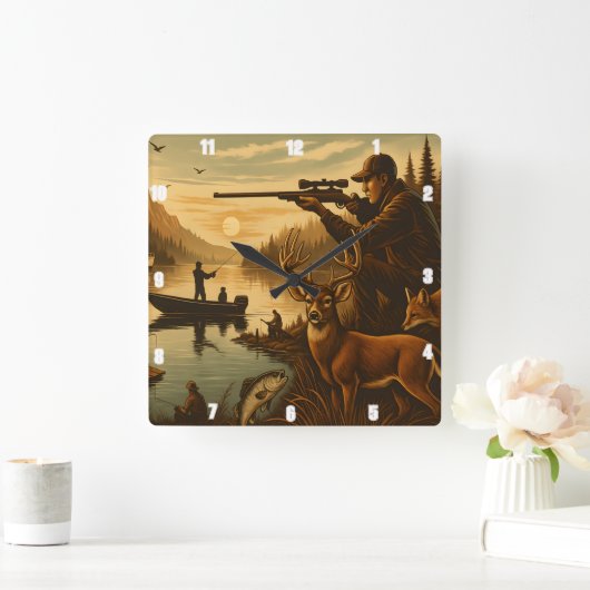 Fisherman Hunter Wildlife Sunset Quadratische Wanduhr (Zuhause)