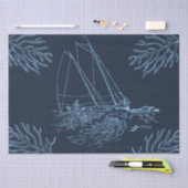 Fisherman Sailing Boat Corals on Navy Blue Seidenpapier (Handwerk)