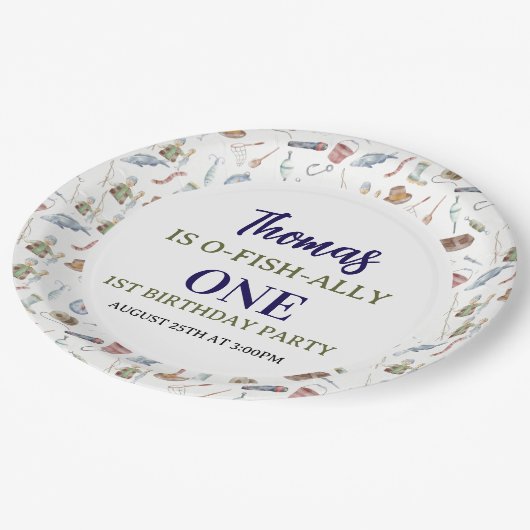 Fishing 1st Birthday | O-Fish-Ally One party Pappteller (Schrägansicht)