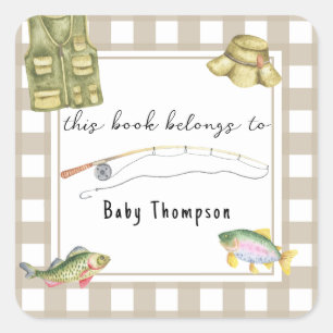 Fishing Baby Shower - dieses Buch gehört Quadratischer Aufkleber