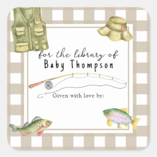 Fishing Baby Shower - für die Bibliothek von Quadratischer Aufkleber