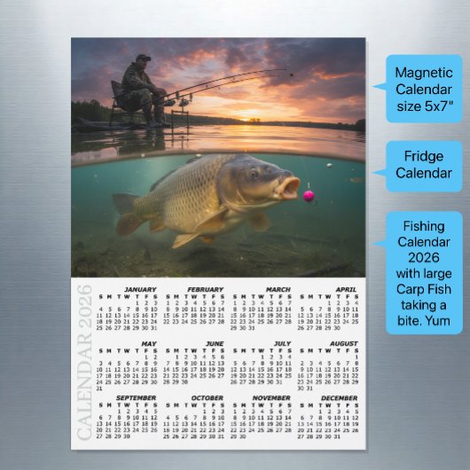Fishing Fridge Calendar 2026, Carp / Fish Magnetkarte