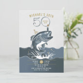 Fishing Fun Big Fish Blue Lässig Men 50. Geburtsta Einladung (Stehend Vorderseite)