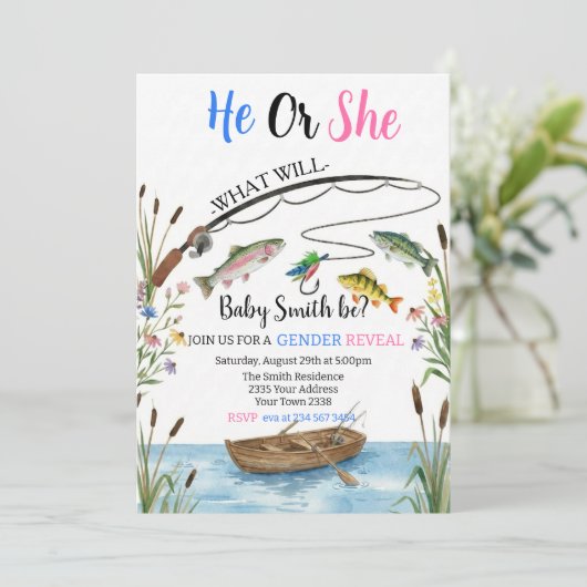 Fishing Gender Reveal Invitation, Fish-HE Fish-SHE Einladung (Stehend Vorderseite)