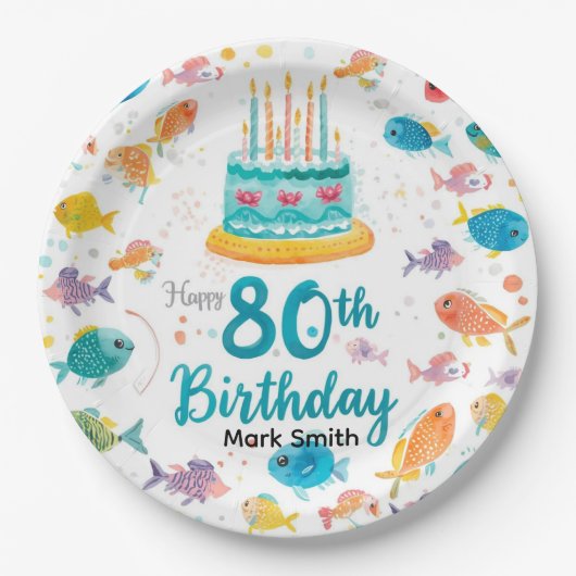 Fishing Lover 80th Birthday Watercolor Pappteller (Vorderseite)