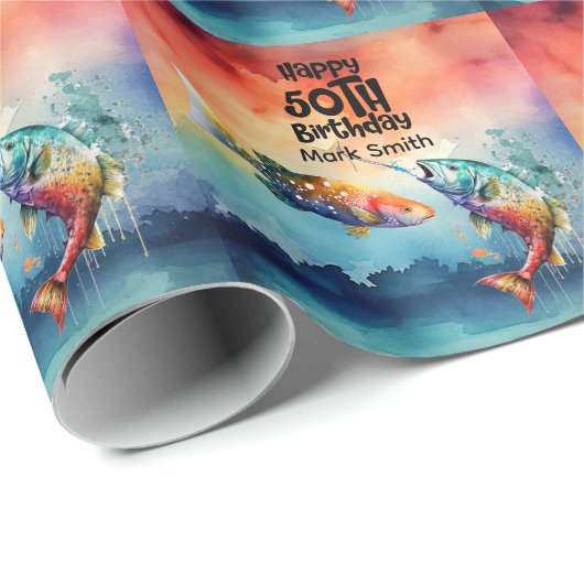 Fishing lovers 50th birthday Fish watercolor Geschenkpapier (Rolleneckpunkt)