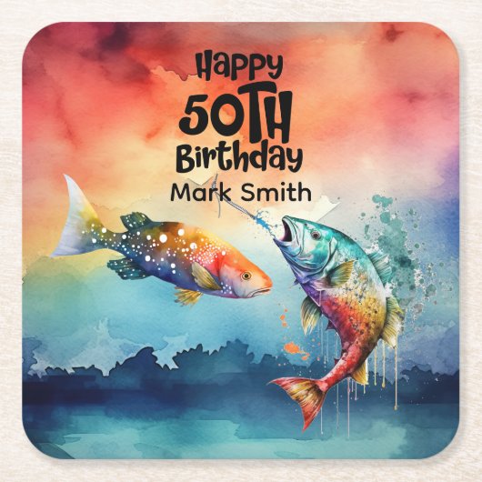 Fishing lovers 50th birthday Fish watercolor Rechteckiger Pappuntersetzer (Vorderseite)