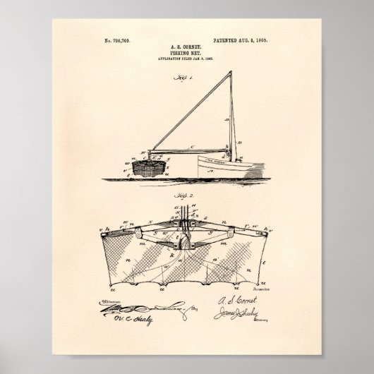 Fishing Net 1905 Patent Art Old Peper Poster (Vorne)