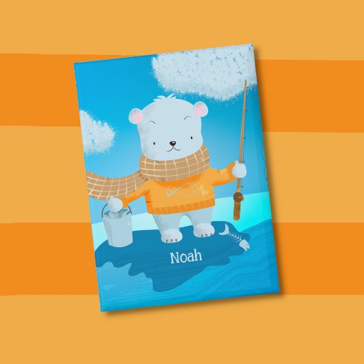 Fishing Polar Bear Kid Pin Button with Name