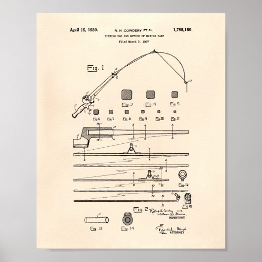 Fishing Rod 1930 Patent Art Old Peper Poster (Vorne)