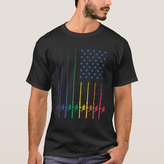 Fishing Spinning Rod LGBT Rainbow Pride USA Americ T-Shirt (Vorderseite)