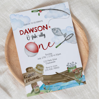 fishing-themed, Fishing Birthday, One, first birth Einladung