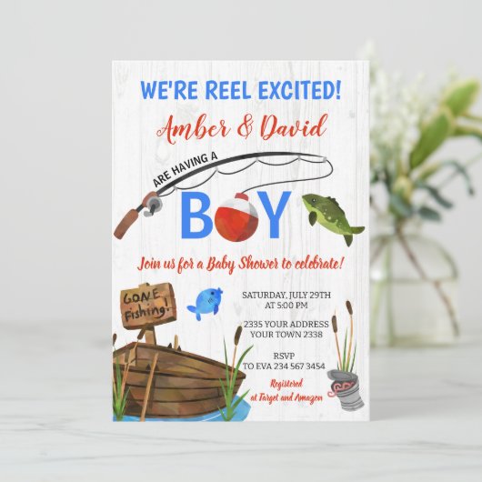 Fishing Themed Reel Excited Baby Shower  Einladung (Stehend Vorderseite)