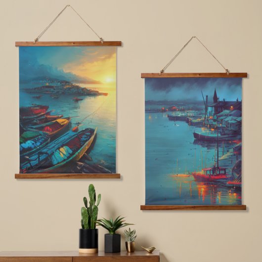 Fishing Village Hanging Tapestry Wandteppich Mit Holzrahmen (Asymmetrisch)