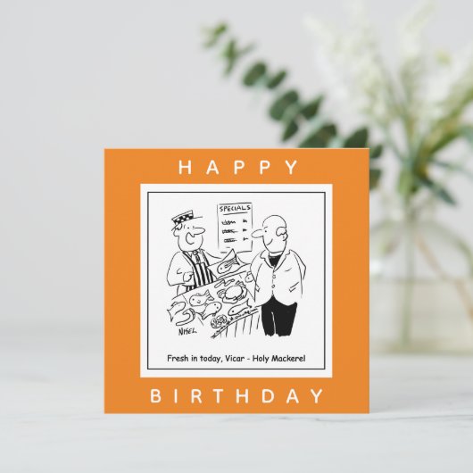Fishmonger bietet Vicar Holy Mackerel Cartoon Karte (Stehend Vorderseite)