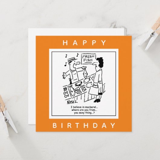 Fishmonger singt über Mackerel-Cartoon Karte (Vorderseite/Rückseite Beispiel)