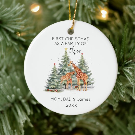 Fist Christmas Family of Three Name Cute Giraffe Keramik Ornament
