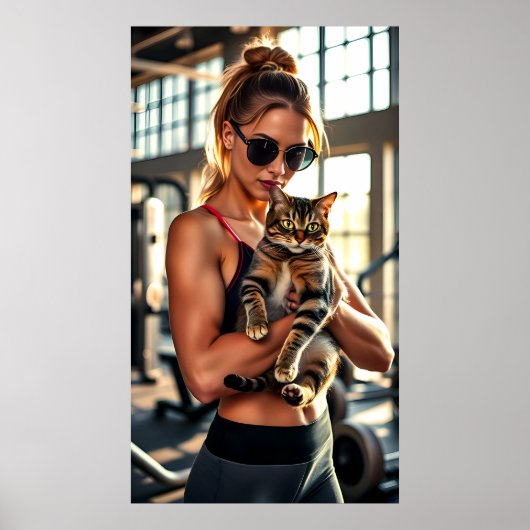 Fitness Girl&Cat in Gym. Workout-Motivation für Fr Poster (Vorne)