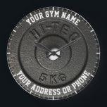 Fitness Instructor Gym Owner Gym Coach Workout Große Wanduhr<br><div class="desc">Fitness Instructor Gym Owner Gym Coach Workout Instructor Design. Perfect For Gym Owner,  Gym Trainer,  Fitness Instructor. Dark gray disk weight image with custom gym name text - perfect gift for anyone in fitness and bodybuilding,  or just those like to spend time in gymnasium</div>