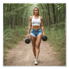 Fitness Mädchen, die im Wald Gewicht tragen Fotodruck
