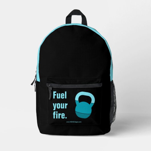 Fitness Motto Fuel Your Fire Electric-Blue Black Bedruckter Rucksack (Vorderseite)