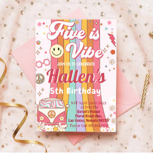 Five a Vibe Groovy Retro Rainbow 5. Geburtstag Einladung