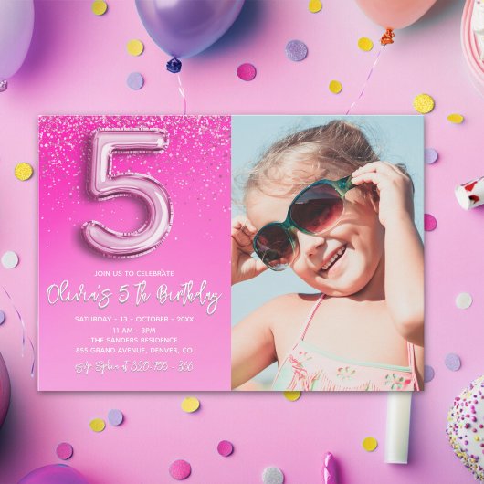 "Five and Fabulous Pink Glitter Birthday Photo Einladung