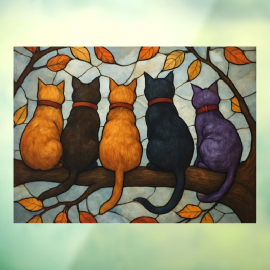 Five Cats on a Tree Branch Stained Glass Style Fensteraufkleber (Blatt 3)