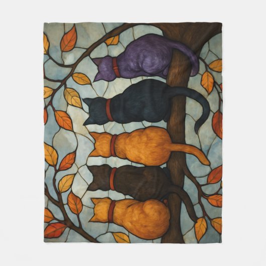 Five Cats on a Tree Branch Stained Glass Style Fleecedecke (Vorderseite)