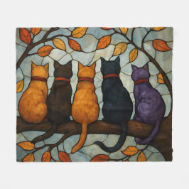Five Cats on a Tree Branch Stained Glass Style Fleecedecke