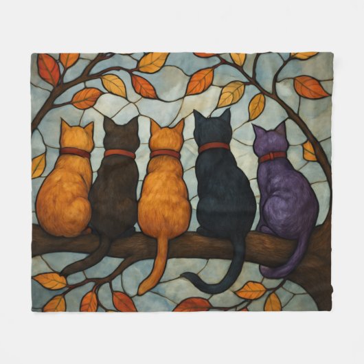 Five Cats on a Tree Branch Stained Glass Style Fleecedecke (Vorderseite (Horizontal))