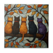 Five Cats on a Tree Branch Stained Glass Style Fliese (Vorderseite)