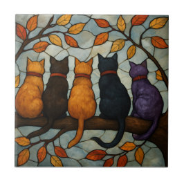 Five Cats on a Tree Branch Stained Glass Style Fliese