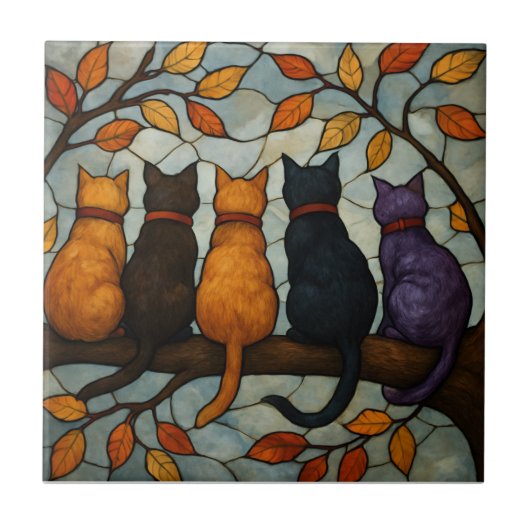 Five Cats on a Tree Branch Stained Glass Style Fliese (Vorderseite)