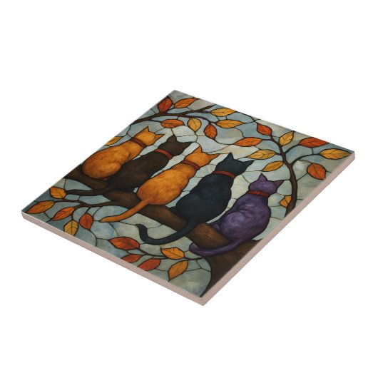 Five Cats on a Tree Branch Stained Glass Style Fliese (Seite)