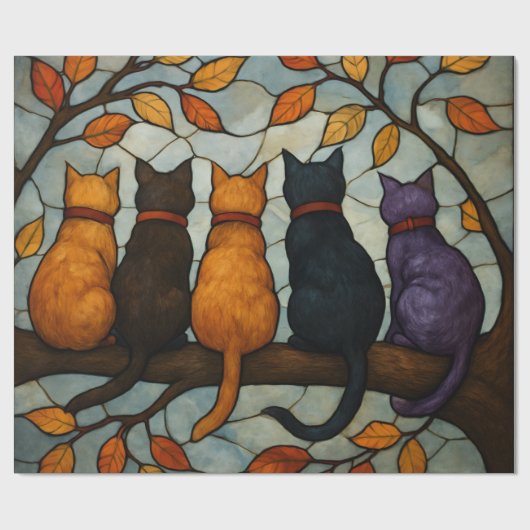Five Cats on a Tree Branch Stained Glass Style Geschenkpapier (Flach)