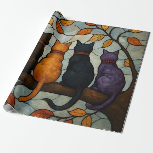 Five Cats on a Tree Branch Stained Glass Style Geschenkpapier (Ungerollt)