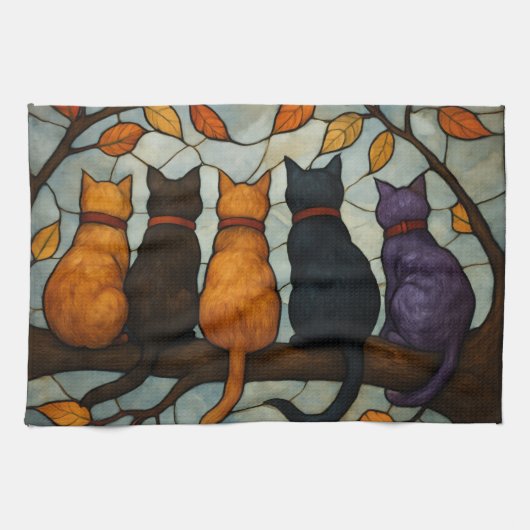 Five Cats on a Tree Branch Stained Glass Style Geschirrtuch (Horizontal)