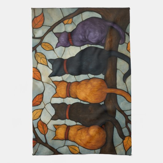Five Cats on a Tree Branch Stained Glass Style Geschirrtuch (Vertikal)