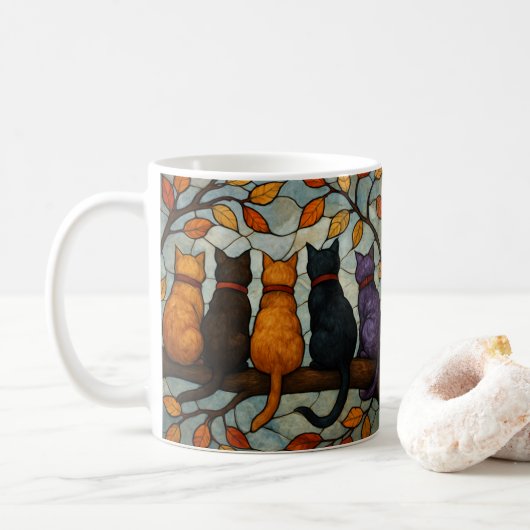 Five Cats on a Tree Branch Stained Glass Style Kaffeetasse (Mit Donut)