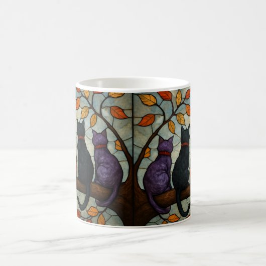 Five Cats on a Tree Branch Stained Glass Style Kaffeetasse (Mittel)