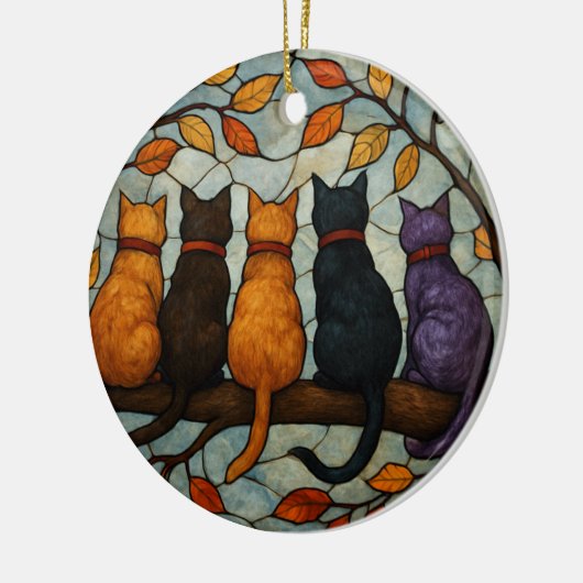 Five Cats on a Tree Branch Stained Glass Style Keramik Ornament (Links)