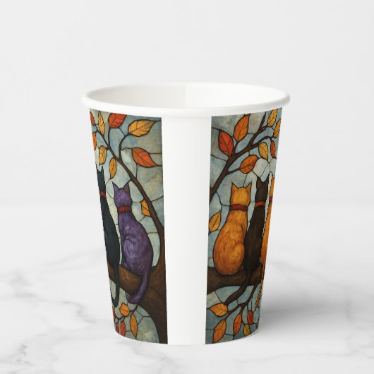 Five Cats on a Tree Branch Stained Glass Style Pappbecher (Links)