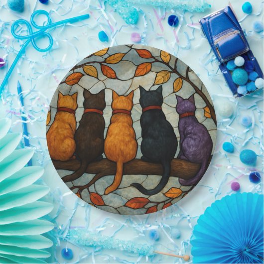 Five Cats on a Tree Branch Stained Glass Style Pappteller (Party)