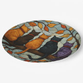 Five Cats on a Tree Branch Stained Glass Style Pappteller (Schrägansicht)