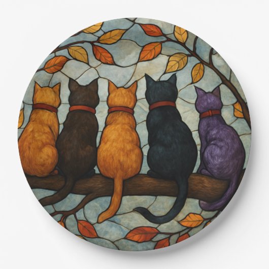 Five Cats on a Tree Branch Stained Glass Style Pappteller (Vorderseite)