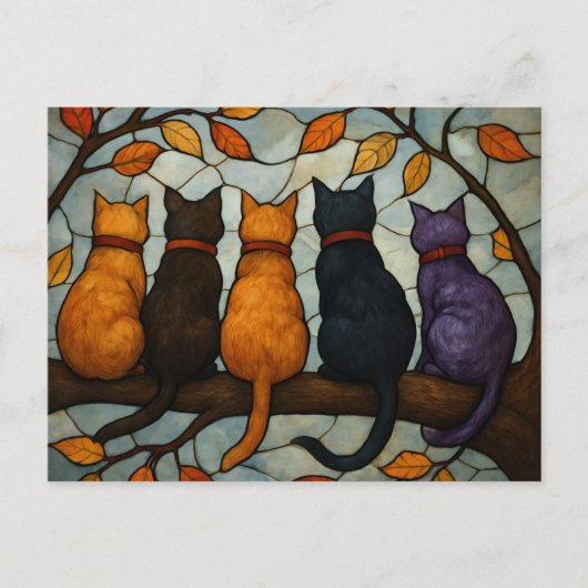 Five Cats on a Tree Branch Stained Glass Style Postkarte (Vorderseite)