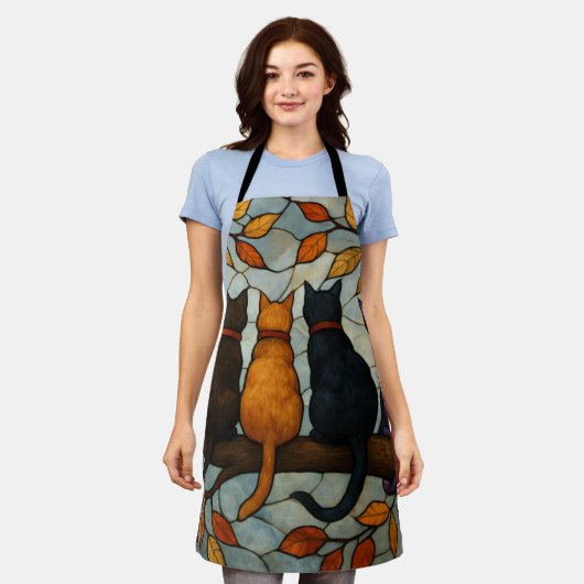 Five Cats on a Tree Branch Stained Glass Style Schürze (Getragen)